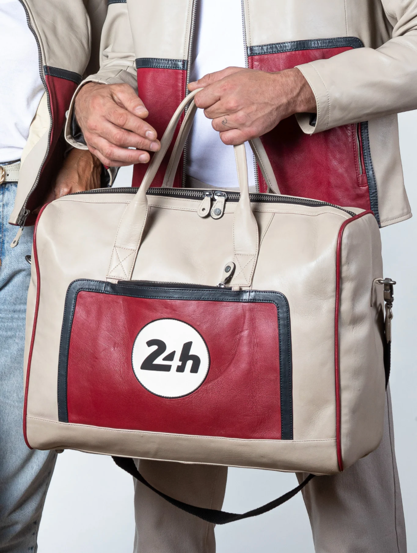 Sac week-end 24H Le Mans - cuir - écru et rouge racing