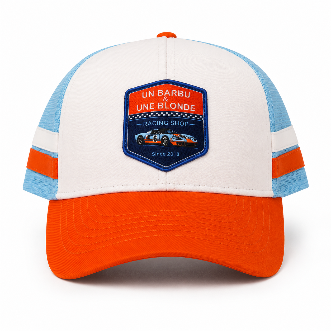 Casquette Trucker Un Barbu et Une Blonde – Racing Shop - bleu et orange