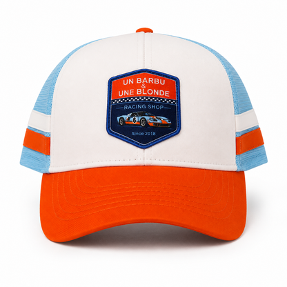 Casquette Trucker Un Barbu et Une Blonde – Racing Shop - bleu et orange