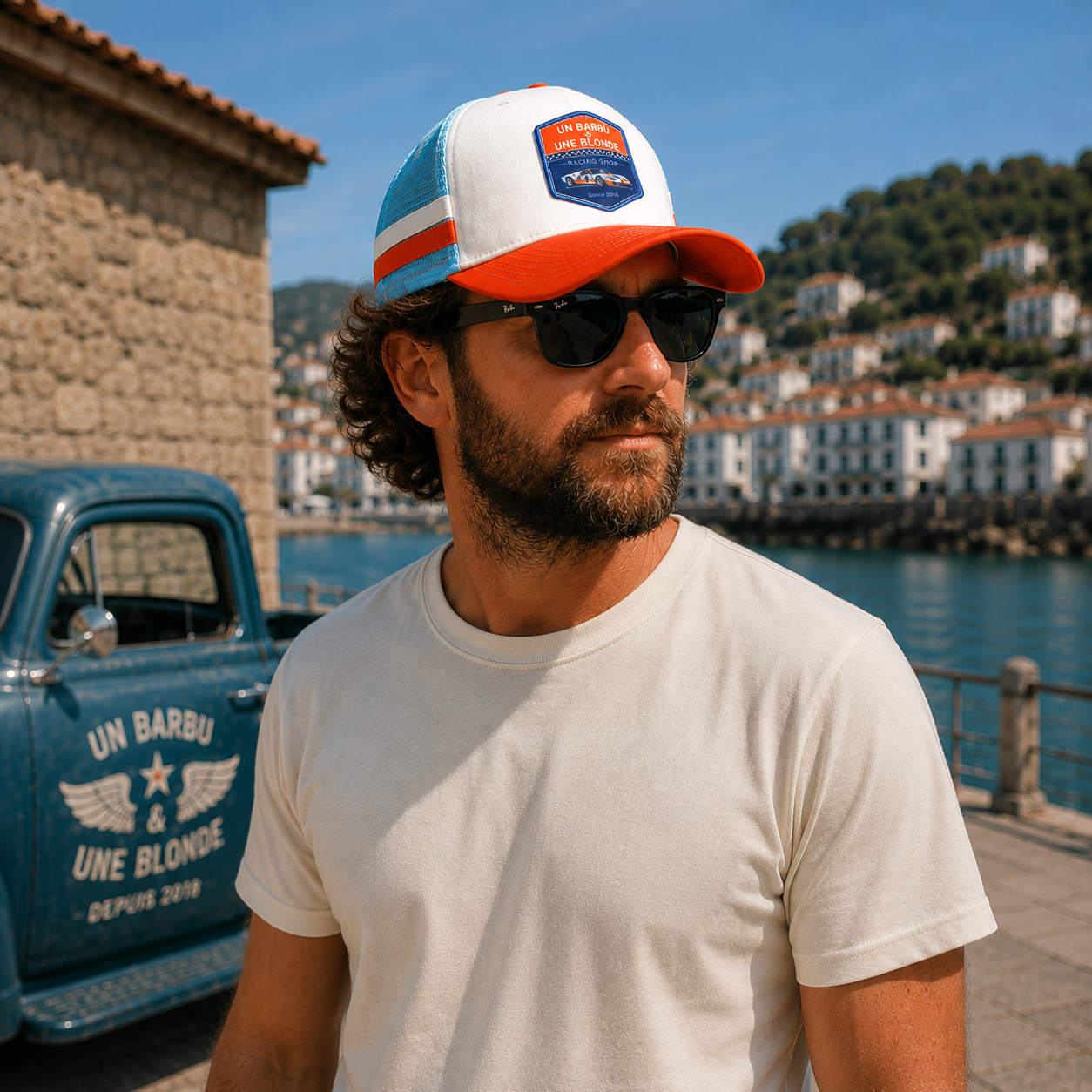Casquette Trucker Un Barbu et Une Blonde – Racing Shop - bleu et orange