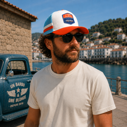 Casquette Trucker Un Barbu et Une Blonde – Racing Shop - bleu et orange