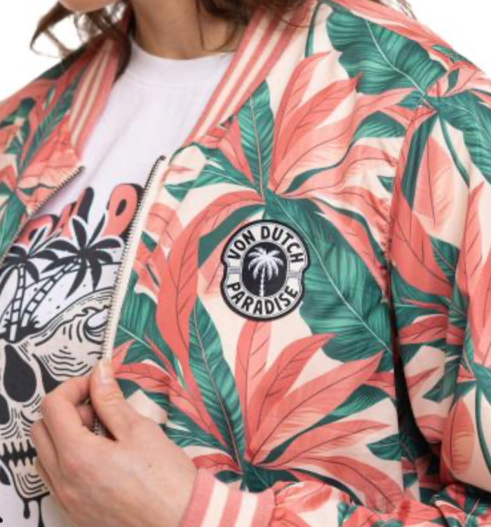 Blouson Femme Von Dutch Satin Tropical – Imprimé All Over & Patch Tissé