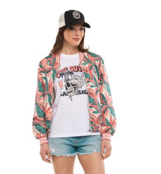 Blouson Femme Von Dutch Satin Tropical – Imprimé All Over & Patch Tissé