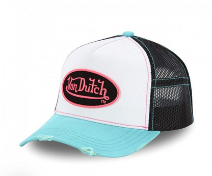 Casquette Von Dutch Trucker Turquoise & Rose Vintage | Logo Ovale Brodé
