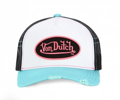 Casquette Von Dutch Trucker Turquoise & Rose Vintage | Logo Ovale Brodé