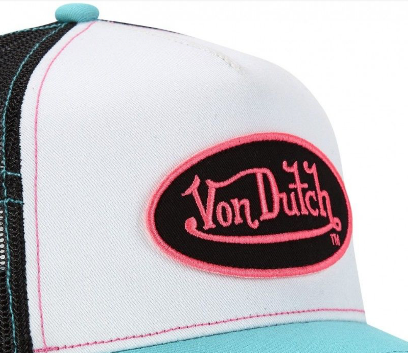 Casquette Von Dutch Trucker Turquoise & Rose Vintage | Logo Ovale Brodé