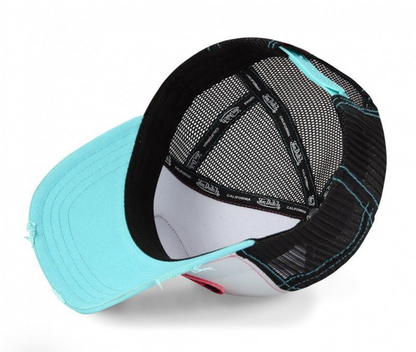 Casquette Von Dutch Trucker Turquoise & Rose Vintage | Logo Ovale Brodé