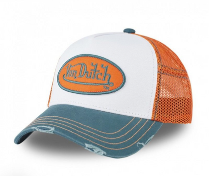Casquette Von Dutch Trucker Orange & Bleu Vintage | Logo Ovale Brodé