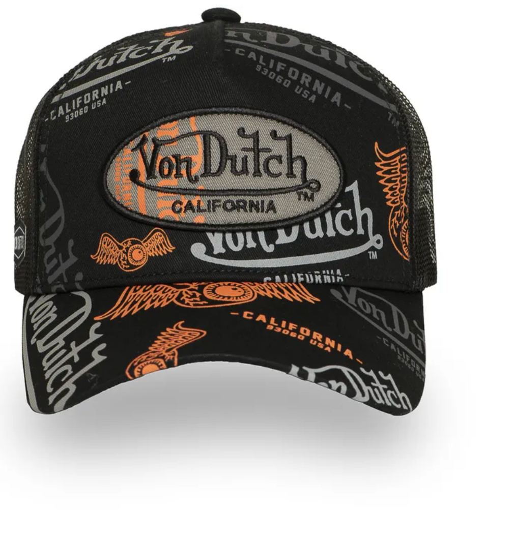 Casquette Trucker Von Dutch All Over – Noir, Gris & Orange