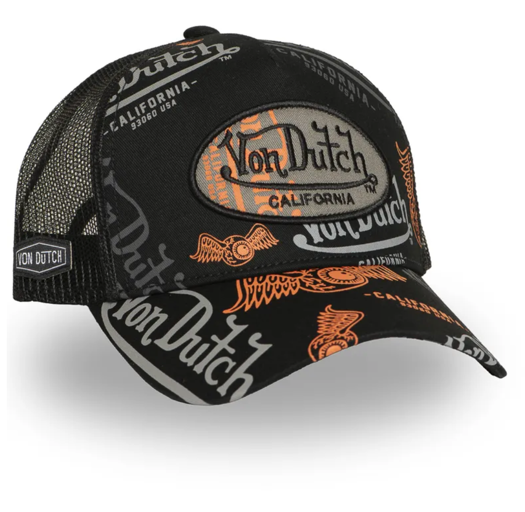 Casquette Trucker Von Dutch All Over – Noir, Gris & Orange