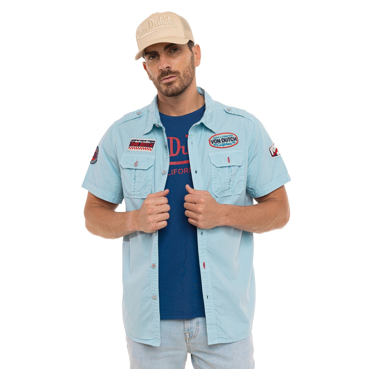 Chemisette Homme Von Dutch Bleu Ciel Patchs Vintage  | Un Barbu et Une Blonde