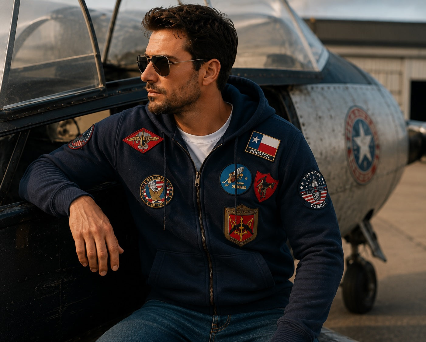 Sweat à capuche zippé Top Gun Navy – Patchs Aviateur