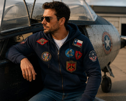 Sweat à capuche zippé Top Gun Navy – Patchs Aviateur