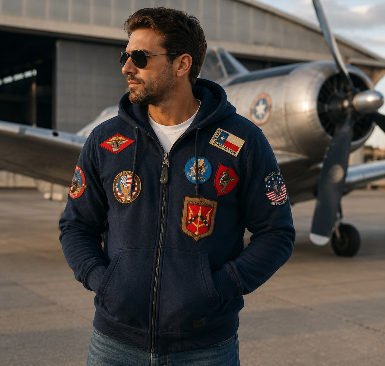 Sweat à capuche zippé Top Gun Navy – Patchs Aviateur