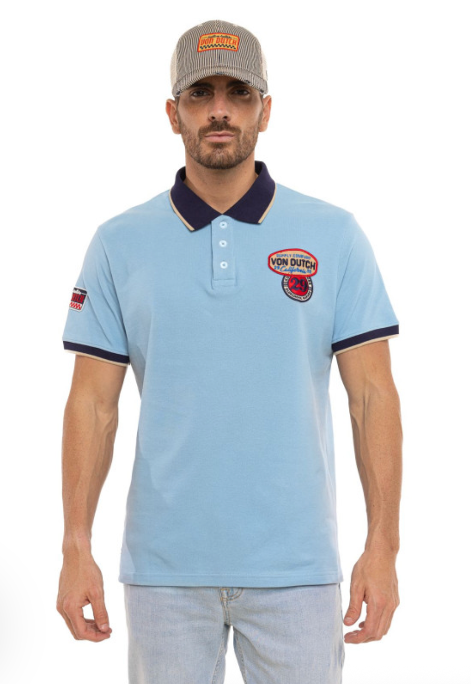 Polo homme Von Dutch bleu ciel – Écussons Racing 29| Un Barbu et Une Blonde