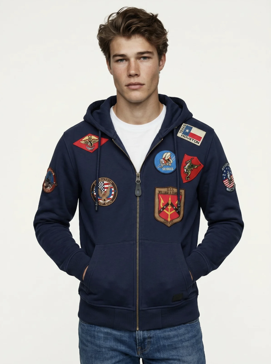 Sweat à capuche zippé Top Gun Navy – Patchs Aviateur