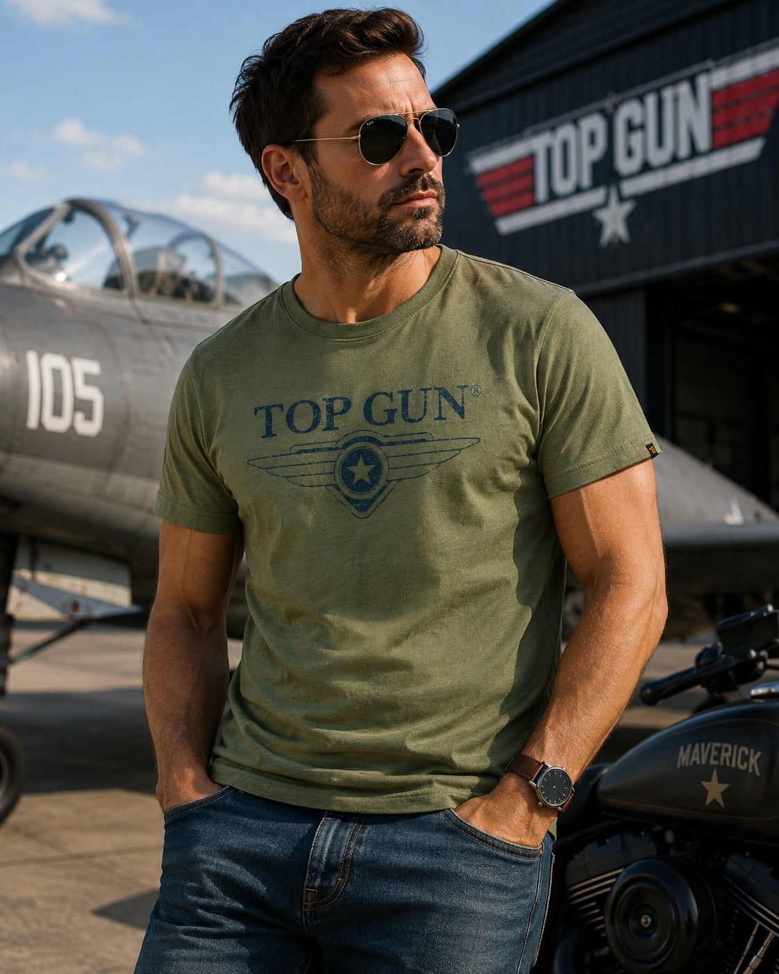 T-shirt homme Top Gun kaki & navy – Logo Wings