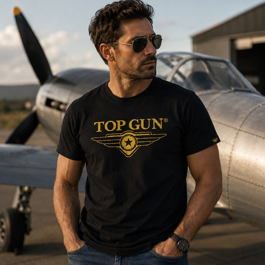 T-shirt homme Top Gun noir & jaune – Logo Wings
