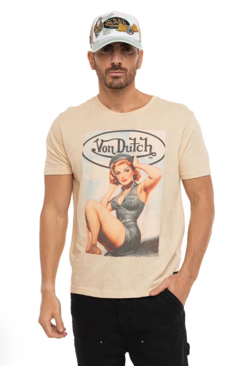 T-shirt Homme Von Dutch Pin-Up Beige | Un Barbu et Une Blonde