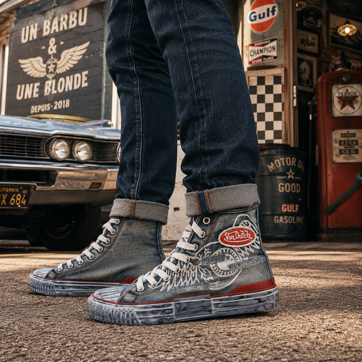 Baskets montantes homme Von Dutch en denim – Style Vintage Racing